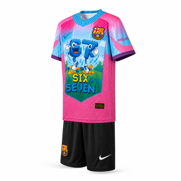 Barcelona Dziecięcy Komplet Piłkarski, Yamal. Six Seven Edition, Jasnoniebiesko-różowy