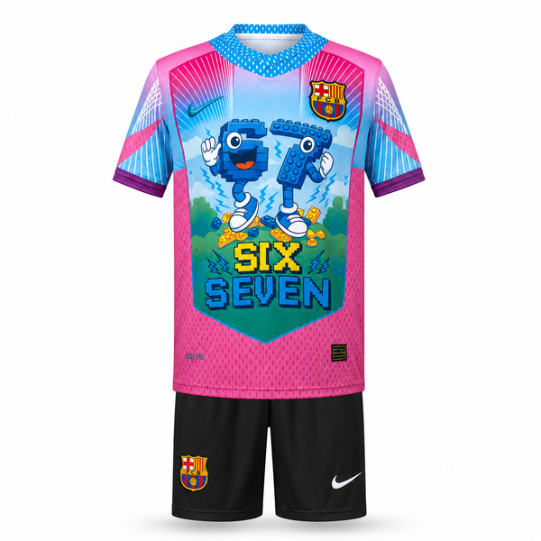 Barcelona Dziecięcy Komplet Piłkarski, Yamal. Six Seven Edition, Jasnoniebiesko-różowy